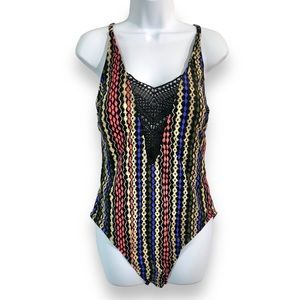 TIME & TRU High Cut Multicolor Lace Inset Criss Cross Back Swimsuit